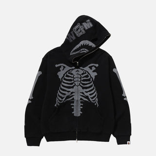 SKELETON SHARK HEAVY WASHED CROPPED FIT FULL ZIP HOODIE - BLACK