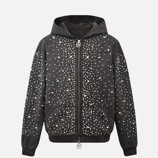 CASHEW BLOSSOM PEARL ZIPPER HOODIE - BLACK