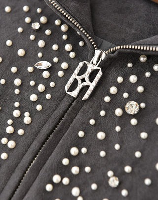 CASHEW BLOSSOM PEARL ZIPPER HOODIE - BLACK
