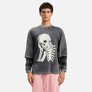 SKULL DOUBLE LAYER L/S TEE - BLACK / OFF WHITE